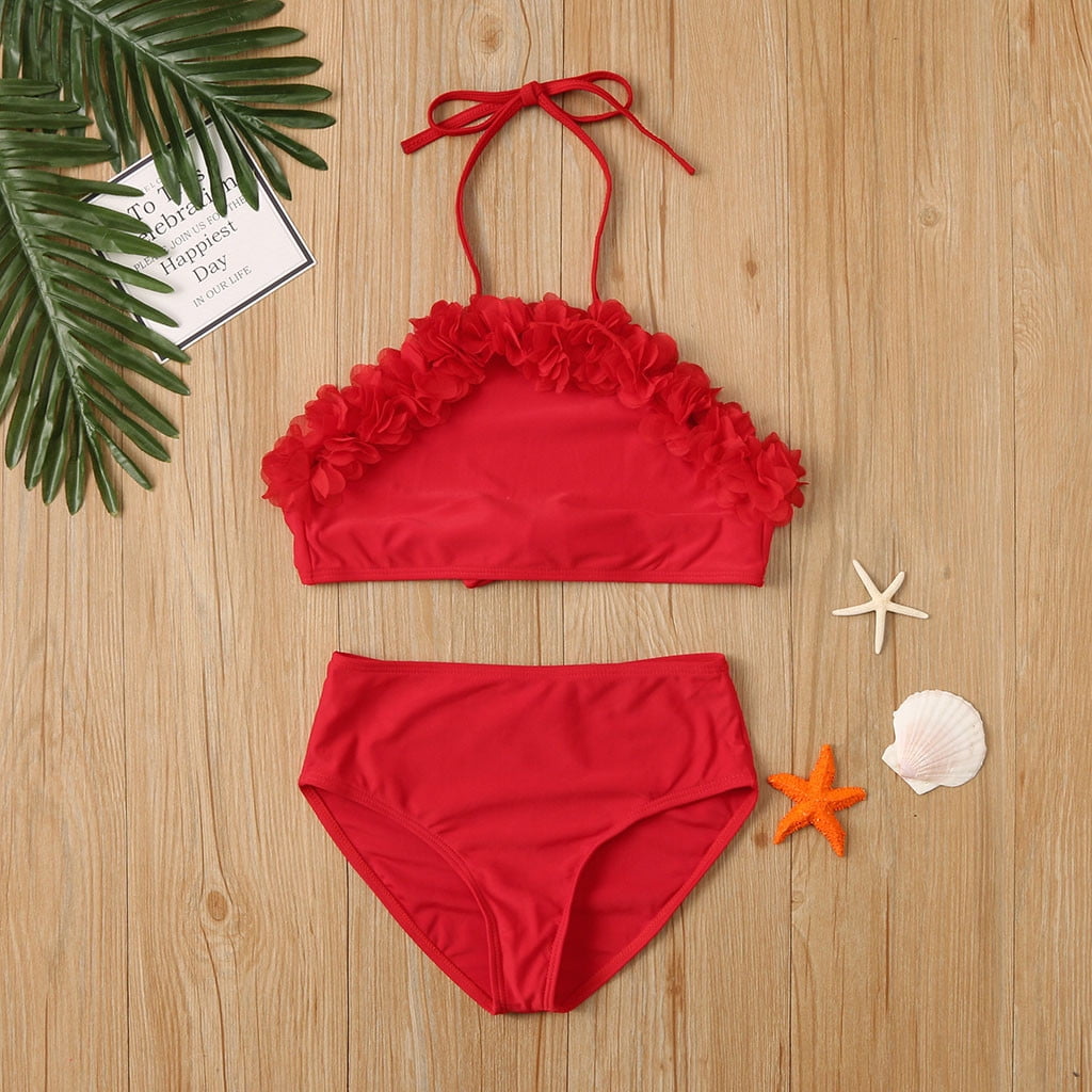 Dyfzdhu Girls Swimsuit Bikini Two Piece Suit Pattern Holiday Cute Bathing  Girls Solid Set Girls Swimwear