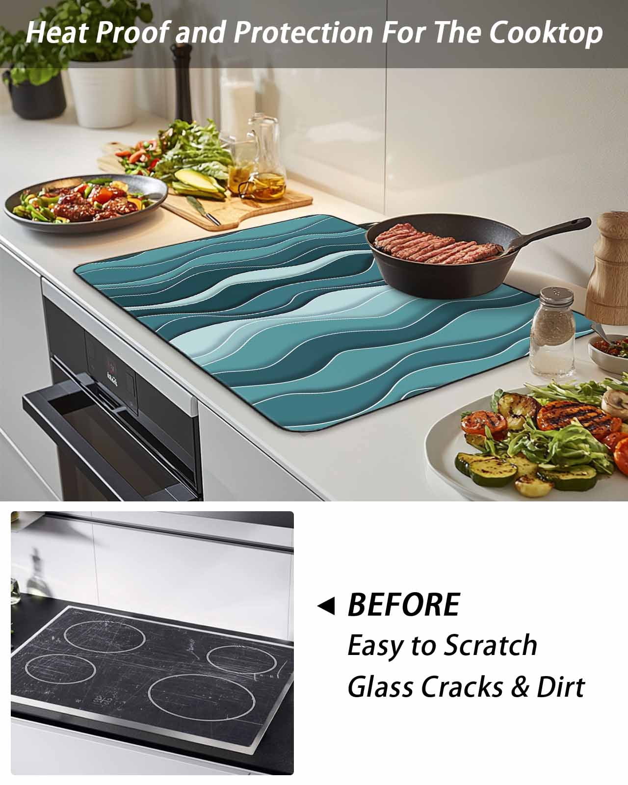 Stove Top Covers for Electric Stove, Abstract Turquoise Moire Glass Stovetop Cover Protector, Gradient Coastal Ocean Geometric Induction Cooktop Protector Oven Mat for Kitchen Countertop 36"x21"