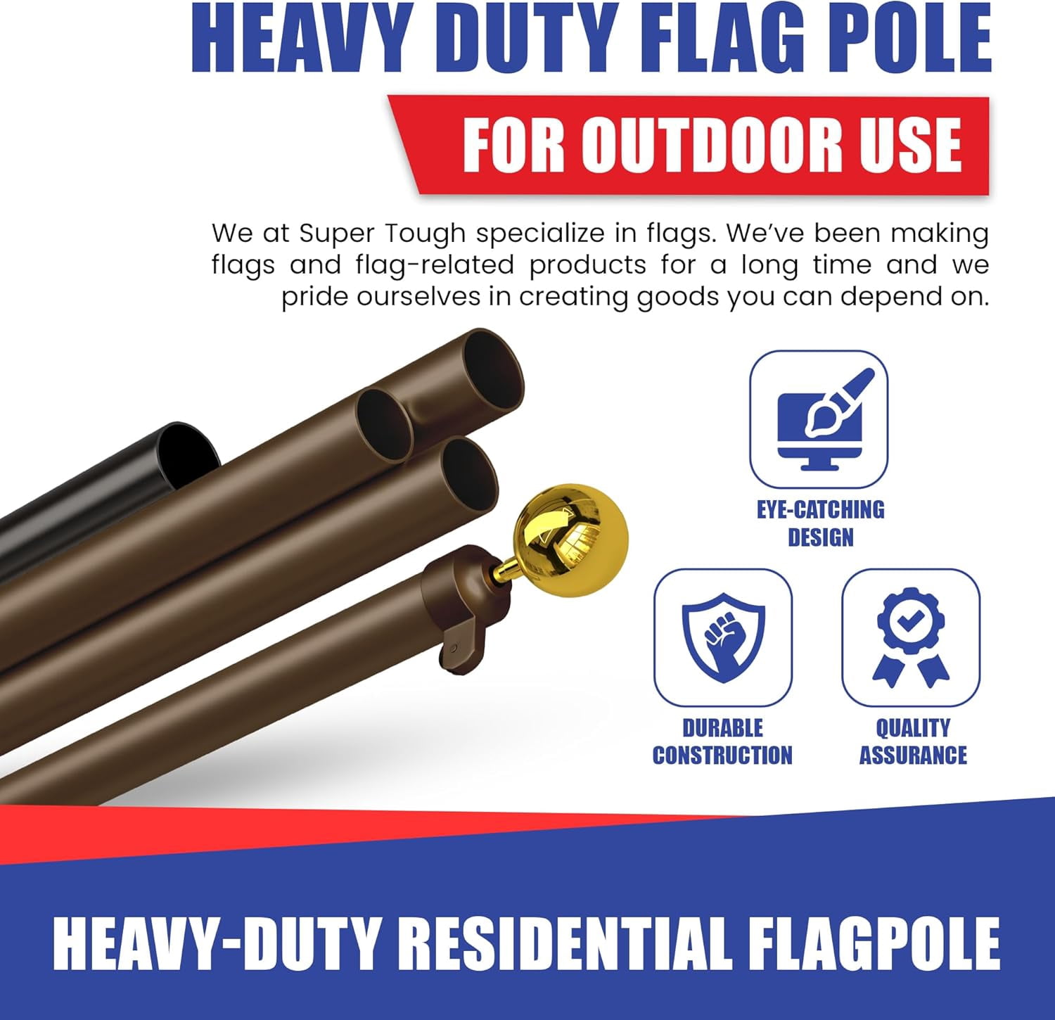 Super Tough USA-Made 25ft Heavy Duty Flag Pole for Outside House - Bronze Anodized - Residential In-Ground Flagpole - 4-Section High-Grade Aluminum - Includes All Accessories