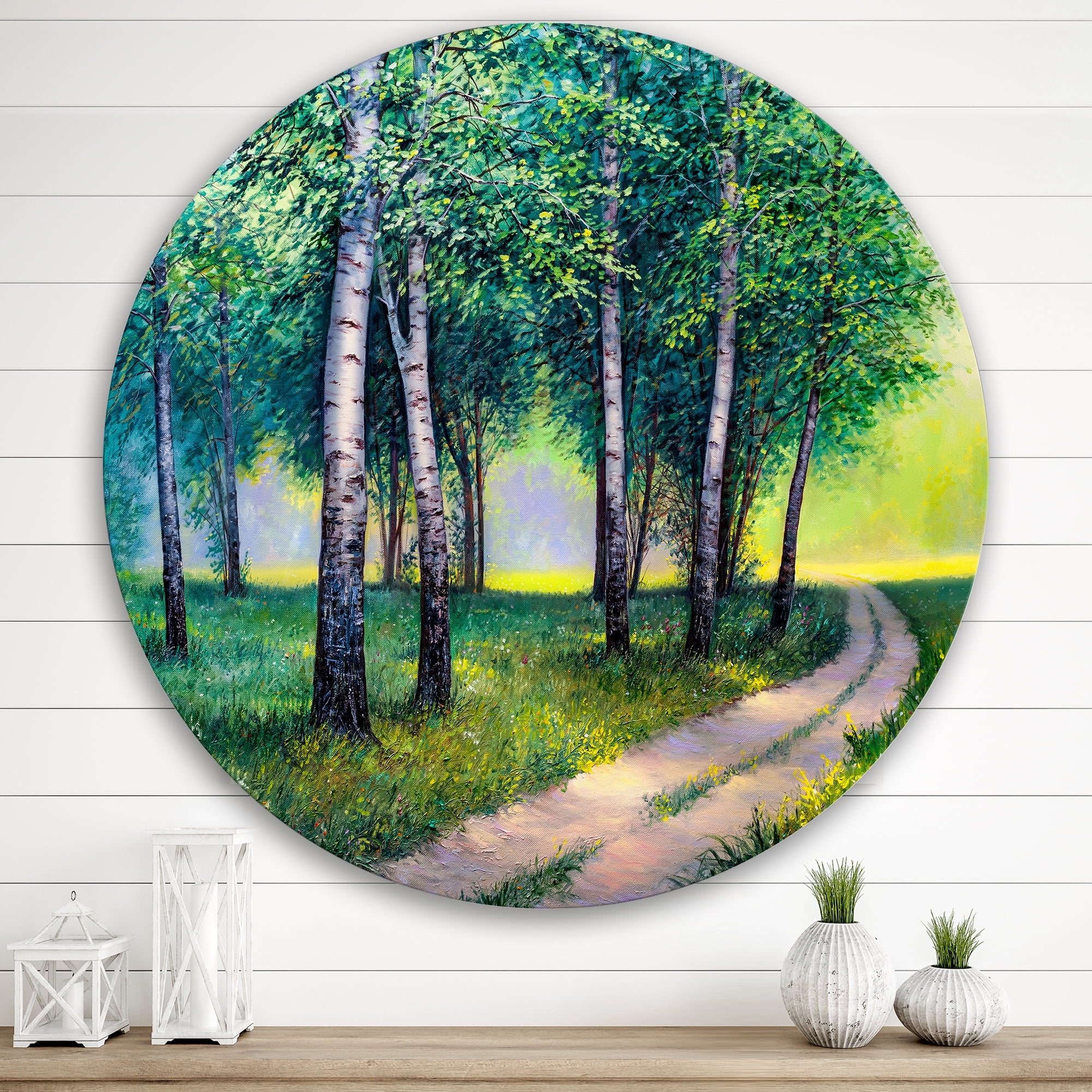 Designart 'Summer Forest Path By The Birches' Lake House Circle Metal Wall Art 36x36 - Disc of 36