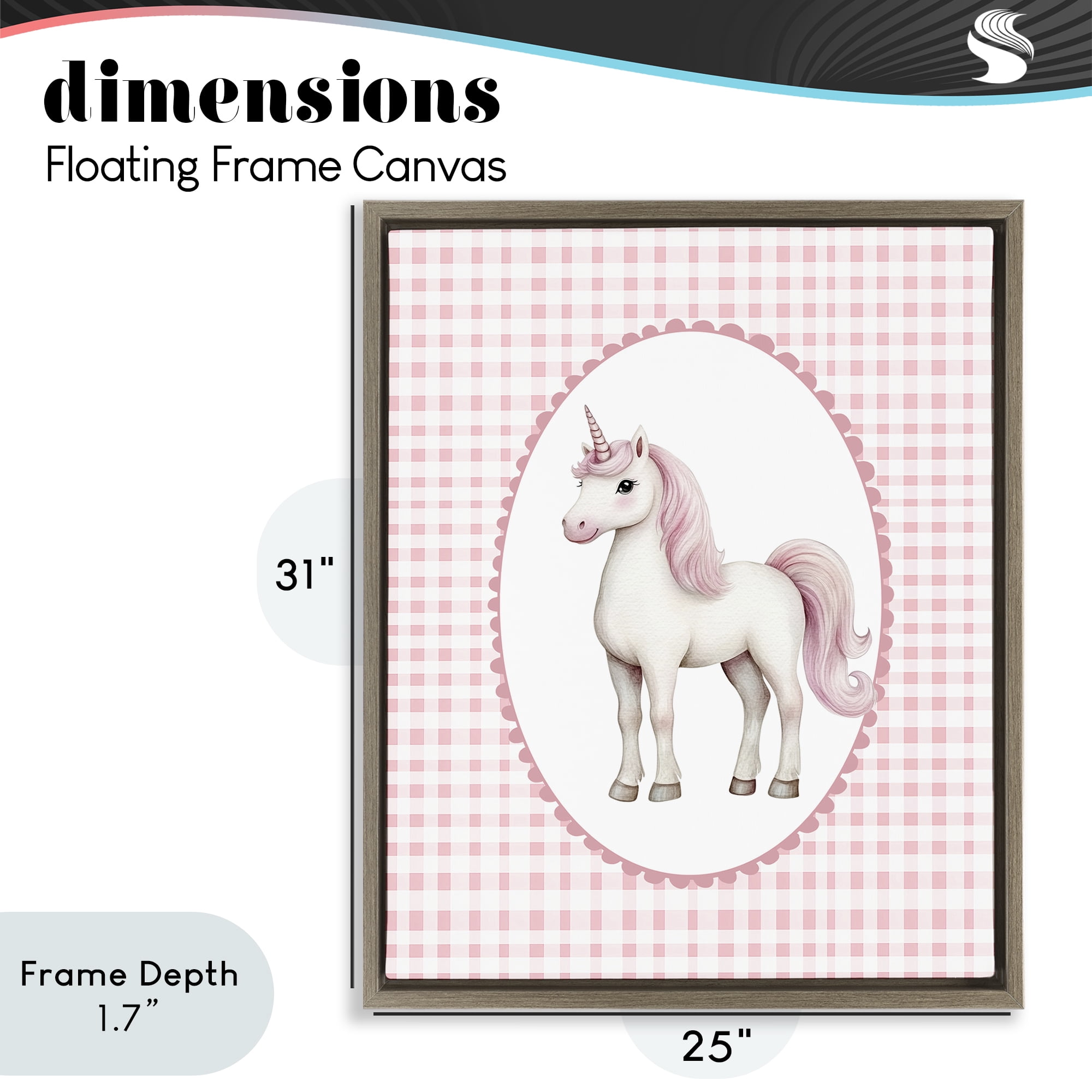 Stupell Industries Pink Gingham Unicorn Brown Framed Floater Canvas Wall Art, design by Christine Simpson Art