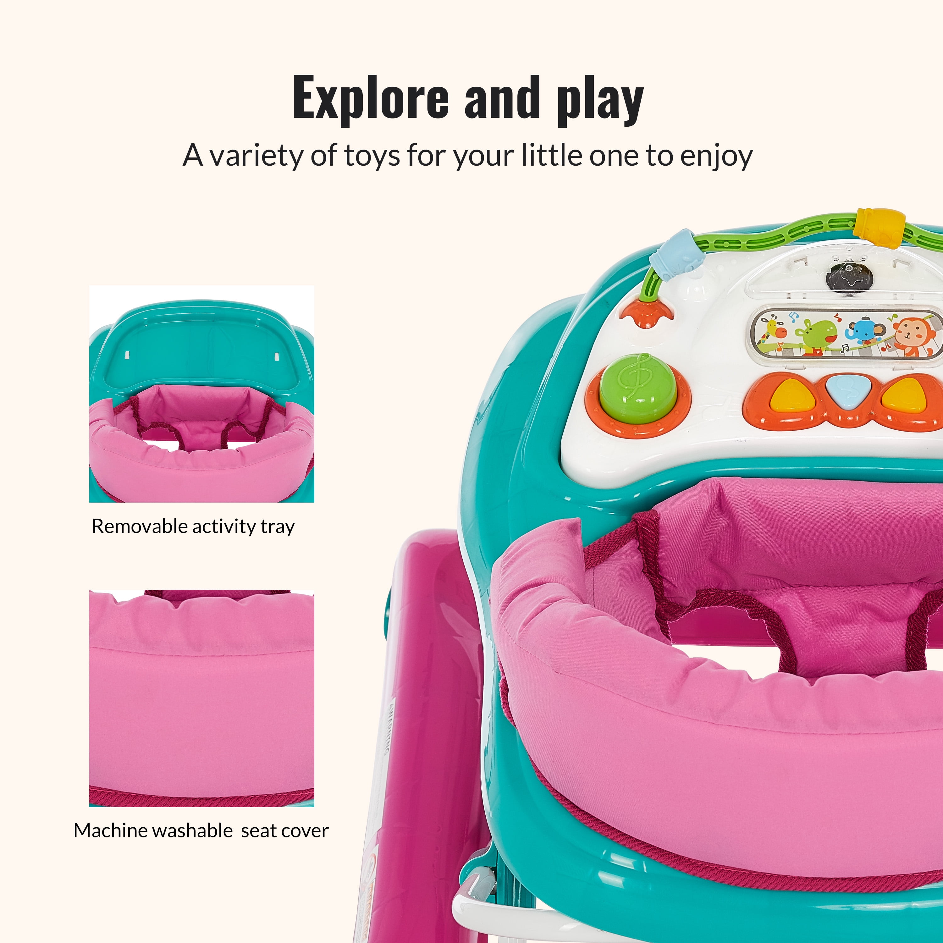 Dream On Me 2-in-1 Ava Baby Walker, Easy Convertible Baby Walker, Walk Behind, Height Adjustable Seat, Added Back Support, Detachable-Toy Slate, Teal Pink