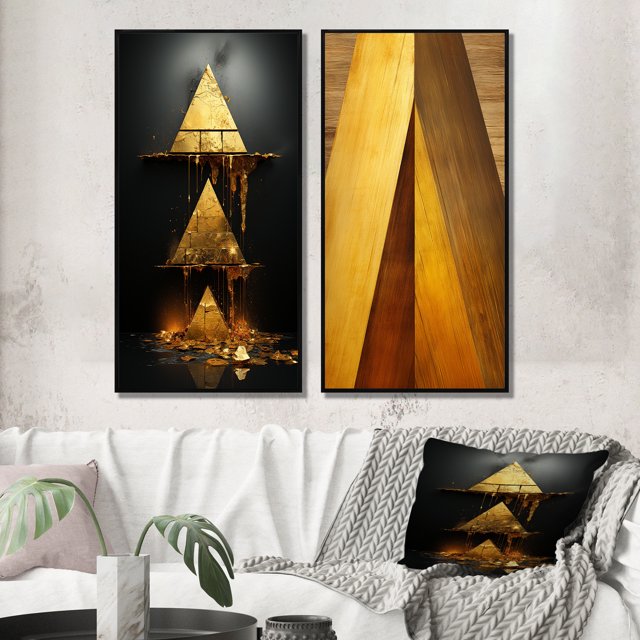 Designart "Ascending Prosperity Retro Gold Abstract I" Abstract Painting Framed Wall Art Set Of 2 - Modern Gold Framed Wall Art Set Of 2