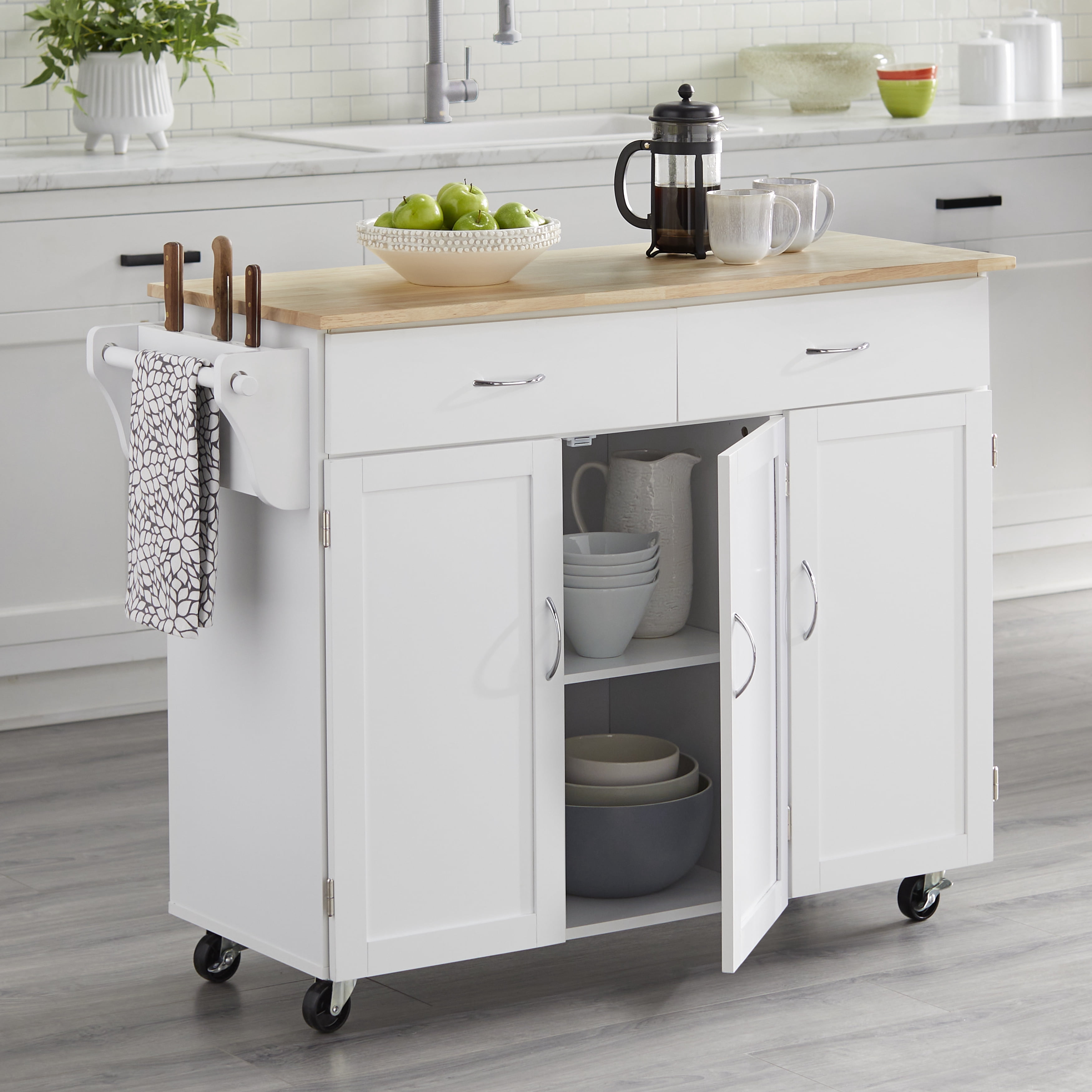TMS Extra Large Rolling Kitchen Storage Carts with Adjustable Shelf, Rubberwood White, 18 in