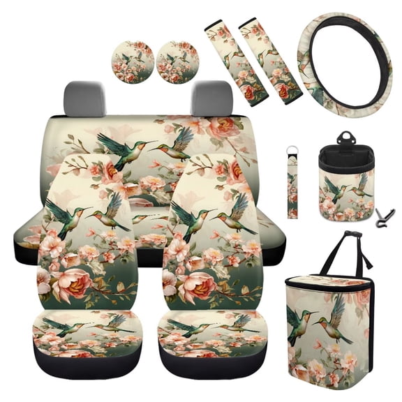Jeiento Hummingbird Car Seat Covers Set of 12 Steering Wheel Cover Seatbelt Cushion Pad Trash Bin Car Vent Organizer Pouch Spring Flower Cup Holder Wristlet Keychain for SUV Van Sedan