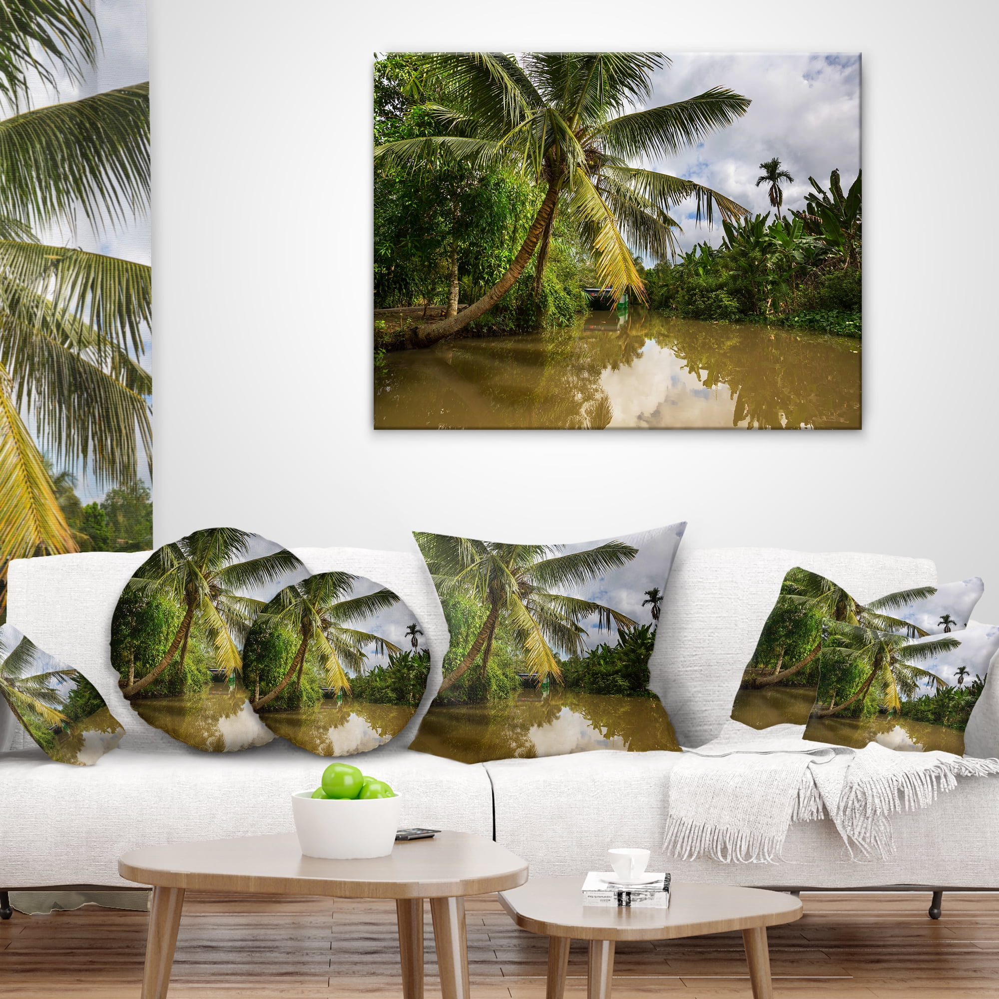 Designart Tropical River with Bent Coconut Palm - Landscape Printed Throw Pillow - 16x16