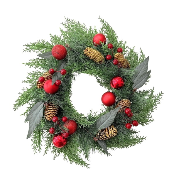 HioHa Christmas Wreath, 16 Inch Artificial Pine with Red Baubles, Berries and Pinecones, Holiday Wreath for Front Door Wall Decor
