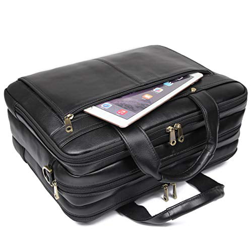 Texbo Mens Solid Full Grain Cowhide Leather Large 17 Inch Laptop Briefcase Messenger Bag Tote Black -Calfskin Leather 