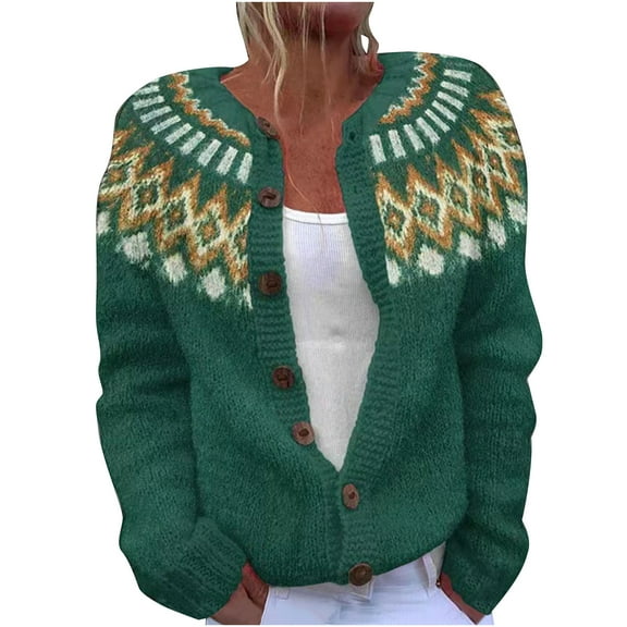 Plus Size Ethnic Sweater for Women Long Sleeve Button Front Cardigans Crew Neck Casual Fall Jacket Knitwear Green, XXXL