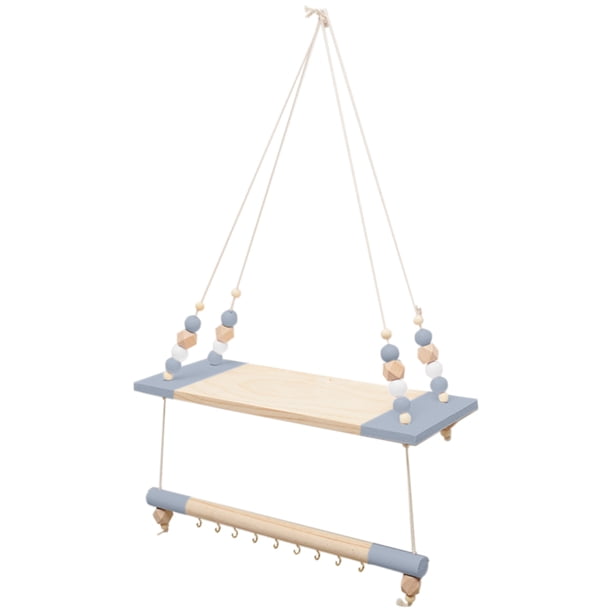 Estante colgante nórdico con columpio, estante flotante de madera para colgar en la pared con cuerda nórdica. gris