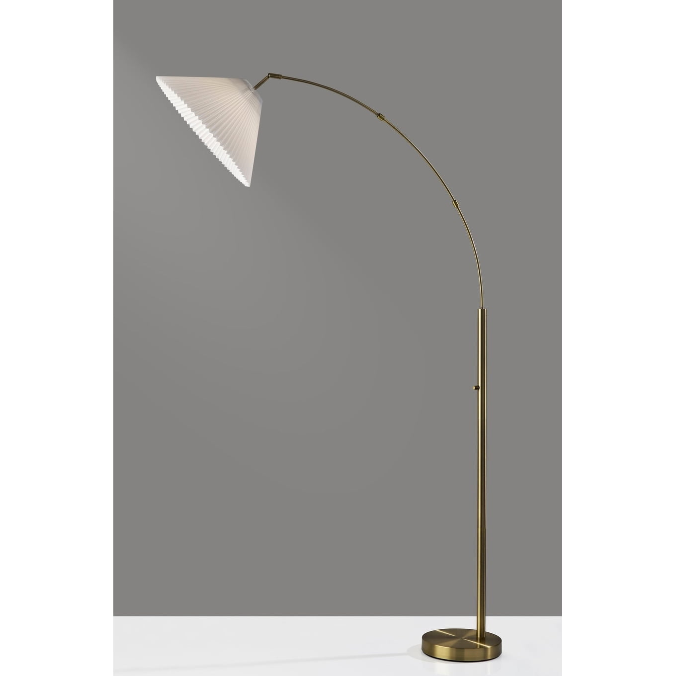 Adesso Delaney 76" Antique Brass Arc Floor Lamp with Off-White Pleated Tapered Shade