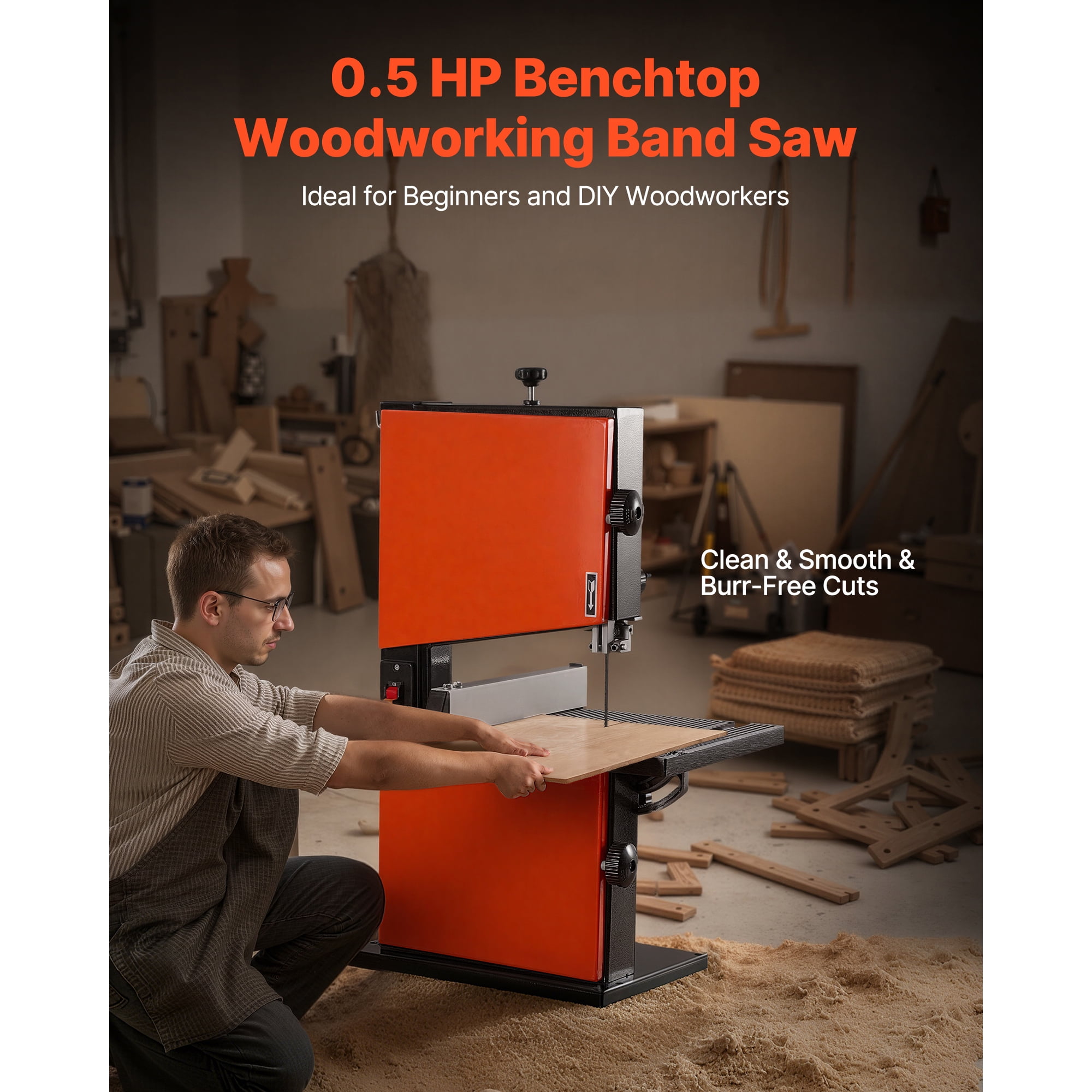 KFFKFF 9-Inch Band Saw for Woodworking, Benchtop Design with 1/2 HP Motor, 3.5-Inch Maximum Cutting Height, 11.8 x 11.8 in Durable Cast Aluminum Table, Adjustable 0-45° Tilt, Includes Miter Gauge
