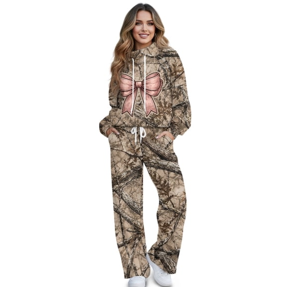 ZWPINITUP Bow Camo Women's 2 Piece Sweatsuit Set Oversized Pullover and Jogger Pants, Cozy Lounge Set, Winter Clothes
