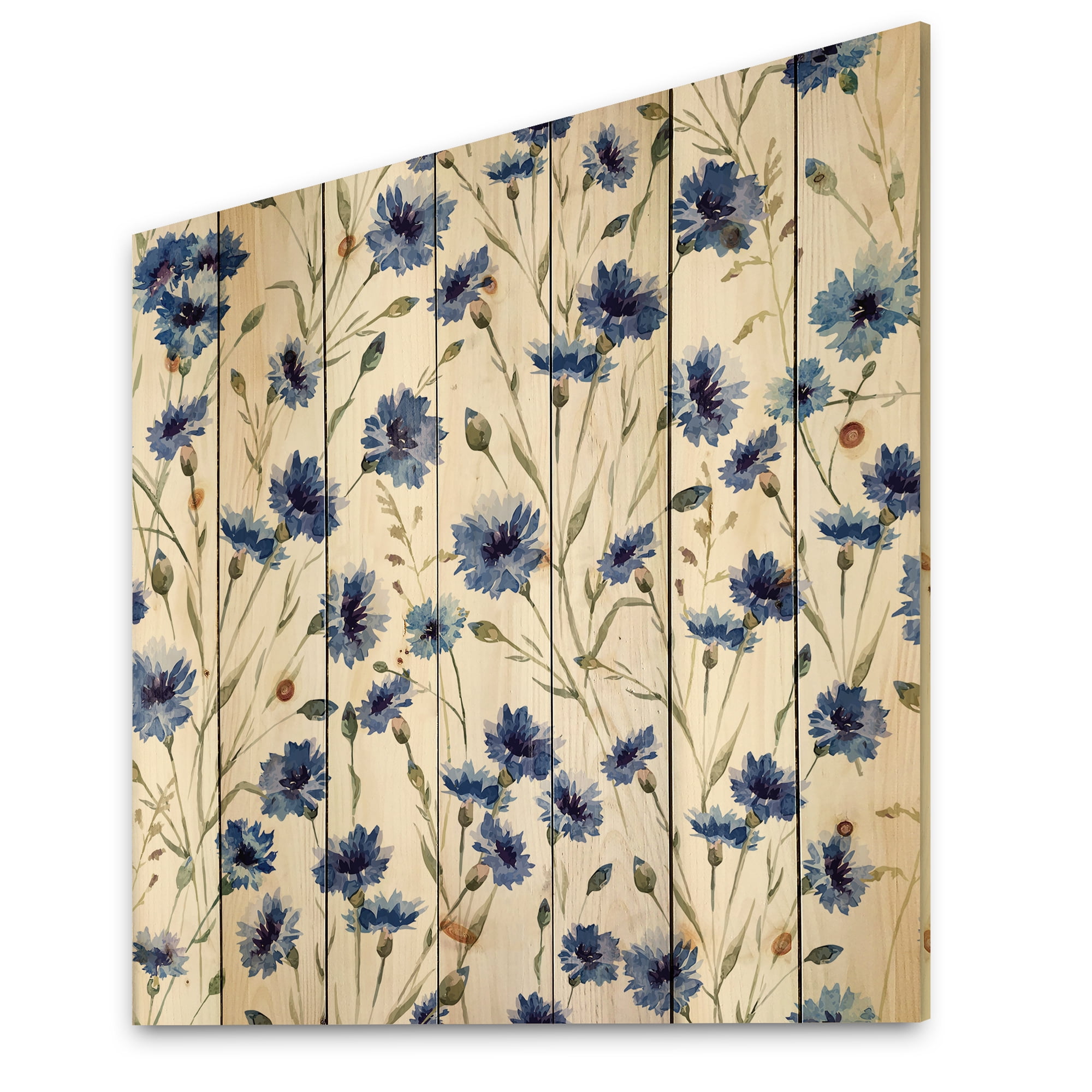 Designart 'Blue Wildflowers With Green Leaves On White' Traditional Print on Natural Pine Wood