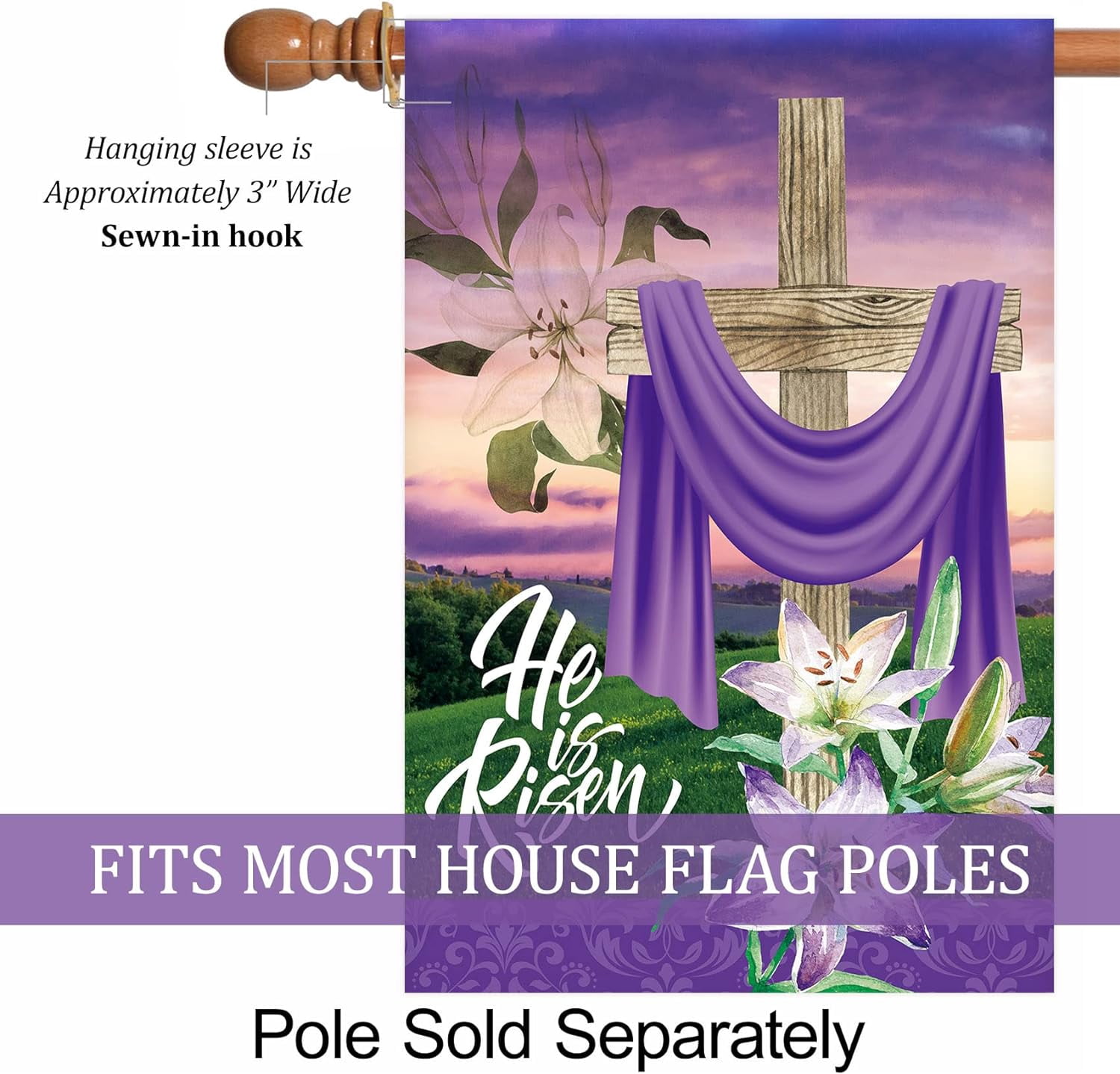 He is Risen Religious Cross Lilies Decoration Easter Spring Holiday House Flag Outdoor Yard Flag 28" x 40"