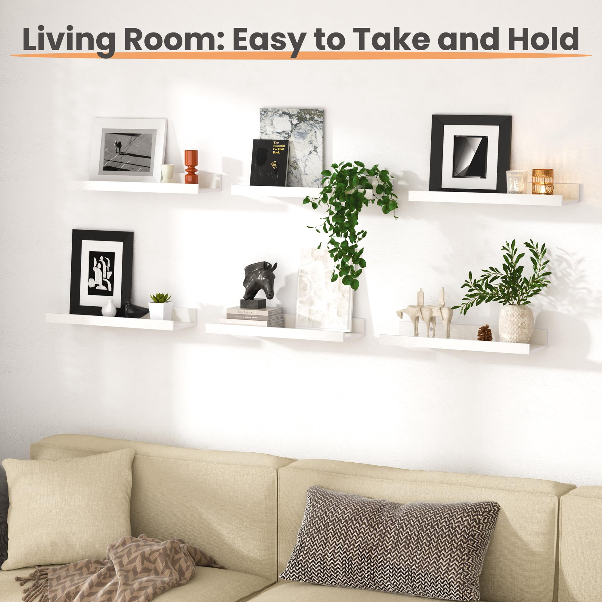 Floating Shelves for Wall, Wall Shelves for Decor Storage Set of 6, Wall Mounted Wood Shelf for Bedroom, Living Room, Bathroom, Kitchen, Picture Ledge Shelf