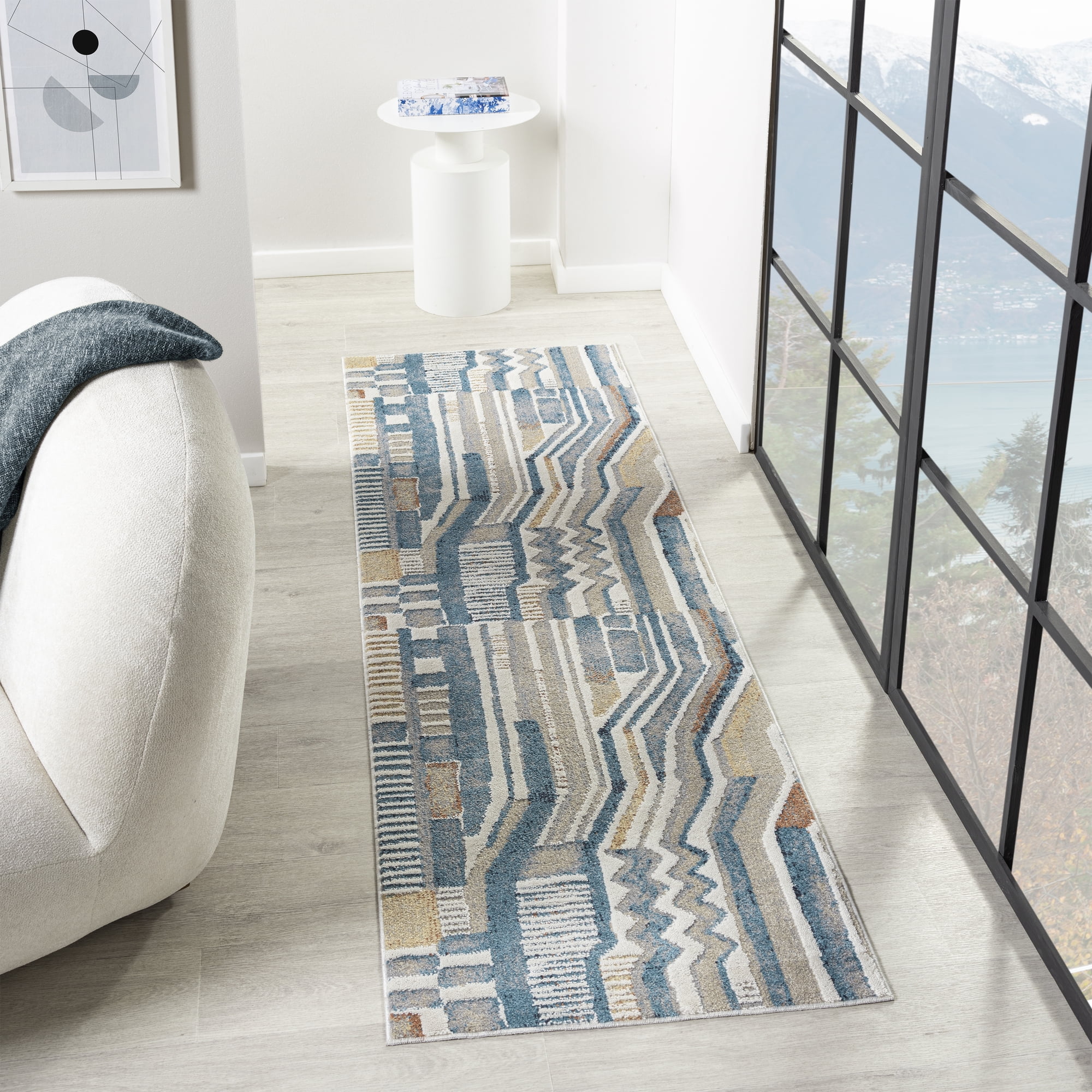 Ox Bay Wesley 2'2" x 7', Blue/Beige Stripe Washable Indoor Runner Rug by Evette Rios