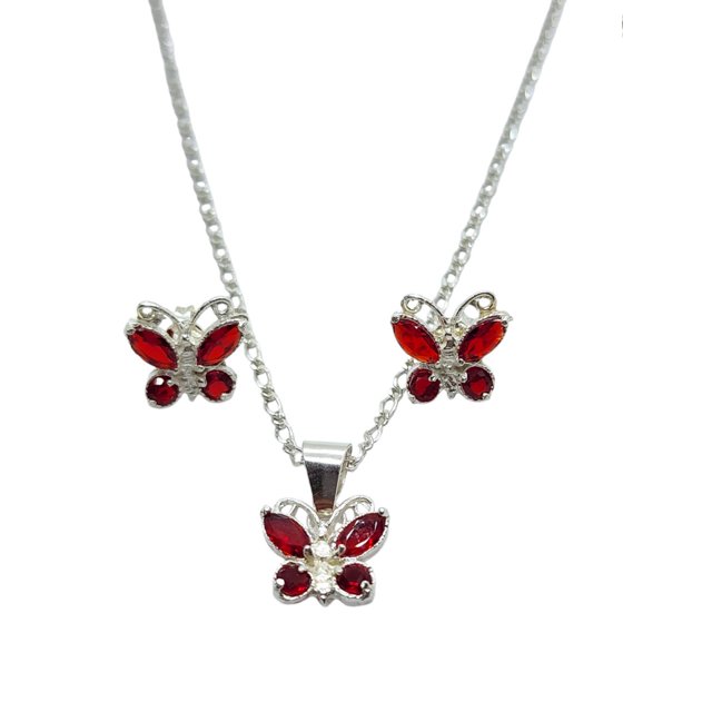 COLLAR DE MARIPOSA ROJA DE PLATA Y ARETES