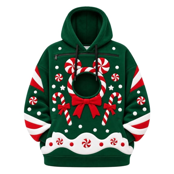 Christmas Pet Carrier Hoodie Unisex Kangaroo Pouch Sweatshirt with Zipper, Warm Oversized Cat Dog Holiday Pullover