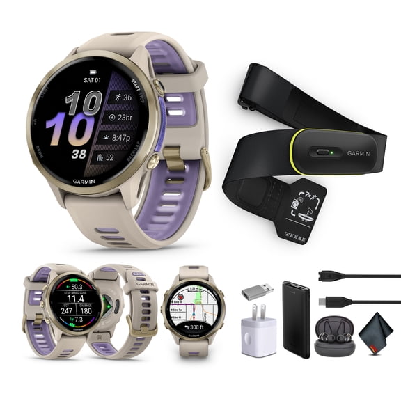 Garmin Forerunner 970 Running Smartwatch, GPS Fitness Watch For Men And Women, Soft Gold Titanium with French Gray Case/Translucent Indigo Band​   Access 600 Fitness Monitor, M-XL​   More