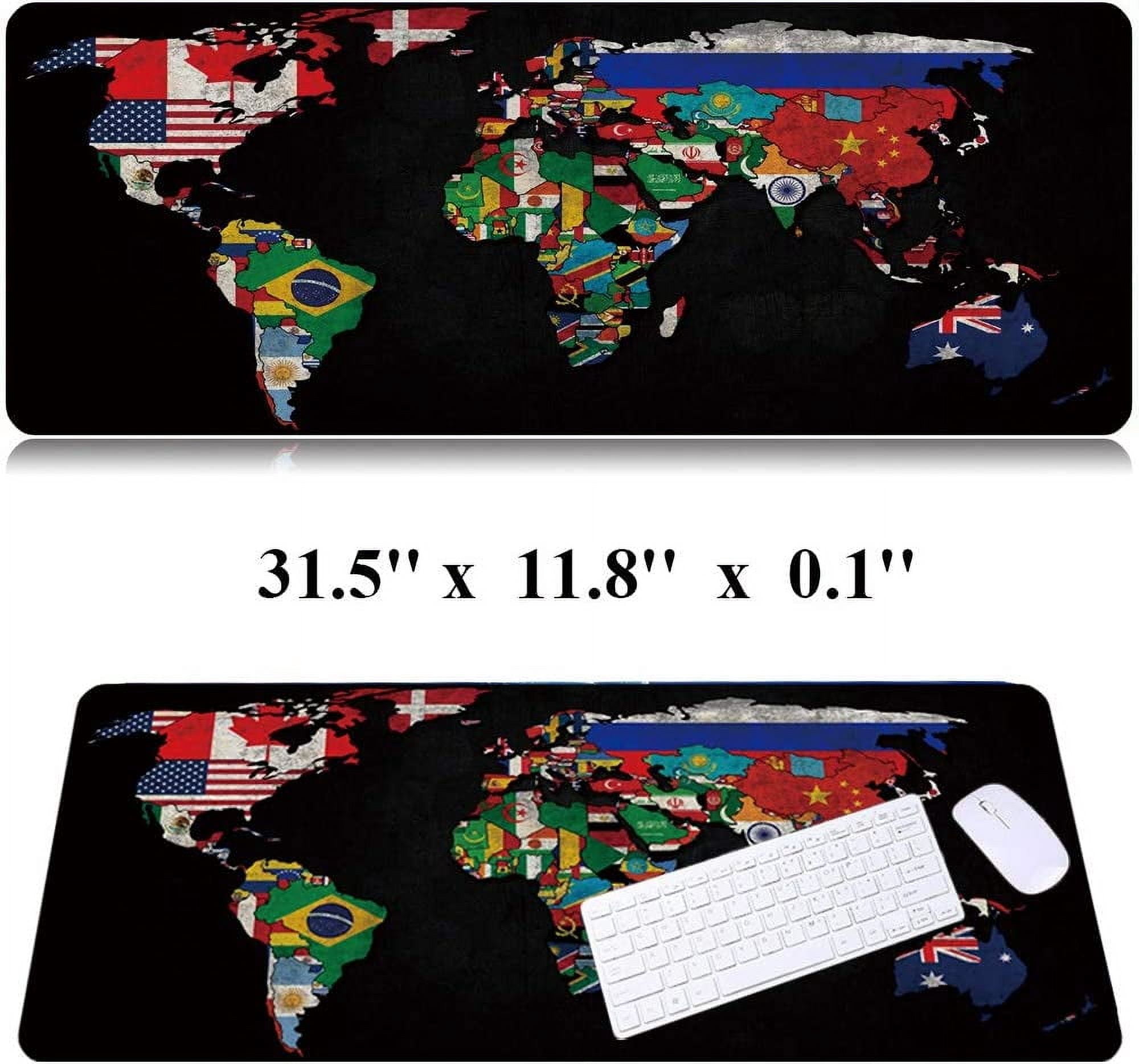 31.5x11.8 Inch Black World Flag Map Long Extended Large Gaming Mouse Pad with Stitched Edges Computer Keyboard Mouse Mat Desk Pad