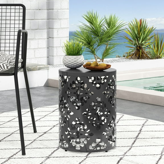 Outdoor Metal End Table Large Metal Side Table for Patio with Elegant Iron Cut Floral Design