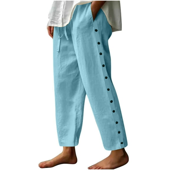 CheerKidz Solid Color Linen Pants Women Fashion Side Bottom Elastic Waist Capris Lightweight Summer Beach Trousers with Pockets(Blue,M)