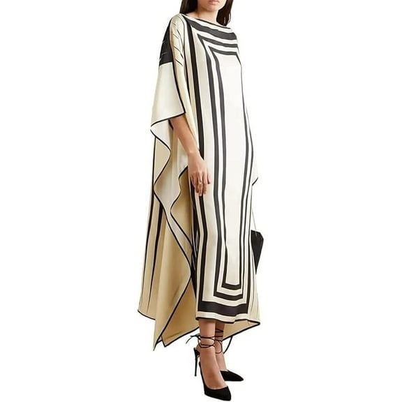 Brisha Creation Modest Women's Soft Satin Silk Printed Kaftan, Kurta, Beach Party Wear, Luxury Silk Caftan, Fancy Dress (Black and White)