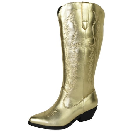 

Soda Women Cowgirl Cowboy Western Stitched Boots Pointy Toe Knee High Gold 6