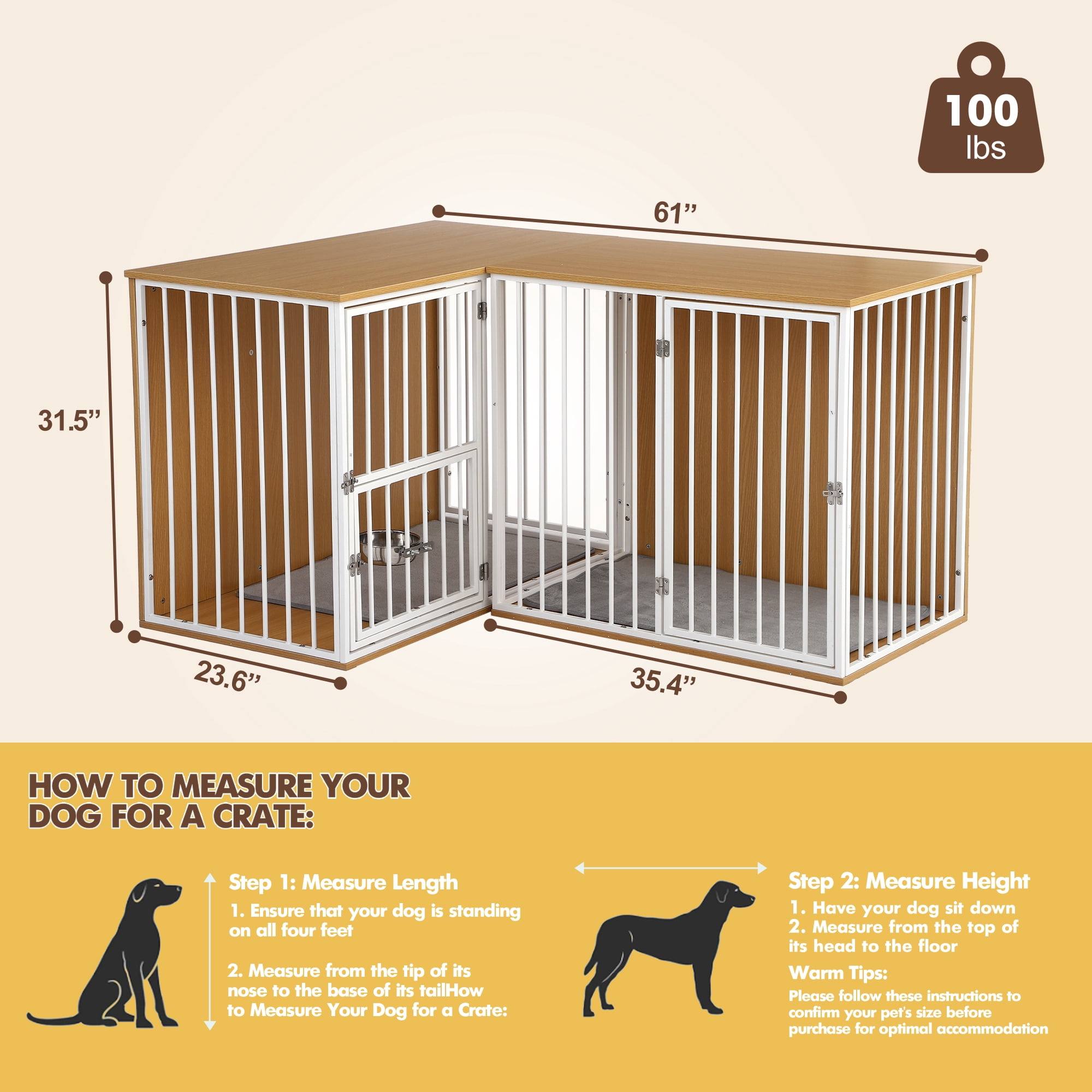 TPHORK Dog Crate Furniture for 2 Dogs, Corner Heavy Duty Double Dog Kennel Furniture with Divider, Indoor Wooden Dogs Crate Large Breed, White