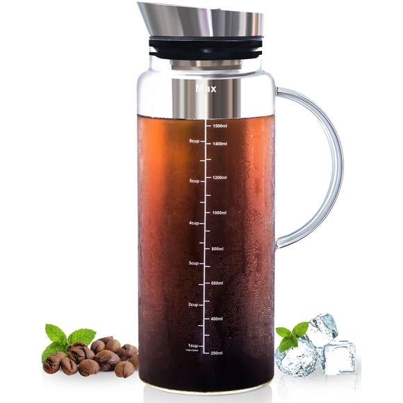 Aquach - Cafetera fría para preparar té helado y jarra de frutas, gran capacidad, 51 onzas, con jarra de vidrio duradera, infusor de acero de malla fina, tapa hermética