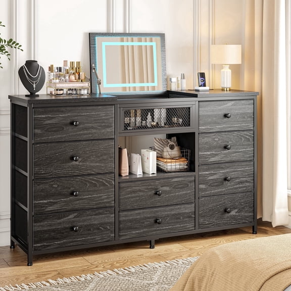 EnHomee 10 Drawers Dresser for Bedroom 55" Wide Dresser with Mirror & LED Lights & Charging Station Fabric Dressers & Chests of Drawers,Black