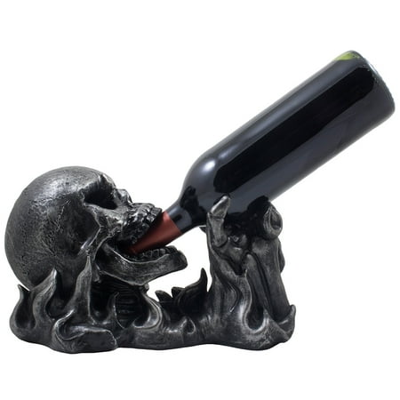 Evil Human Skull in Hell's Fire Wine Bottle Holder Halloween Party Decoration or Scary Gothic Decor Display Stand by Home 'n Gifts