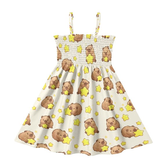 Summer Spaghetti Strap Capybara Star A Line Dress Casual Sleeveless Cami Sundress for Size 2-8 Years