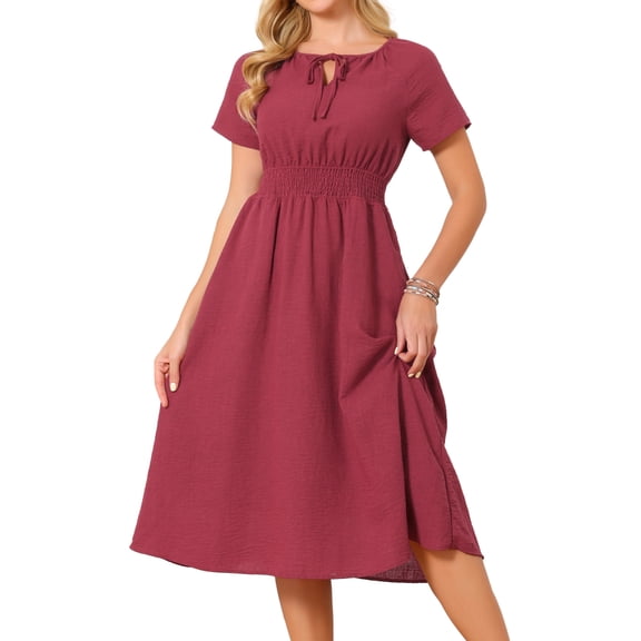 DARING DIVA Women's Smocked Tie V Neck Short Sleeve Flowy Midi Dress S Wine Red