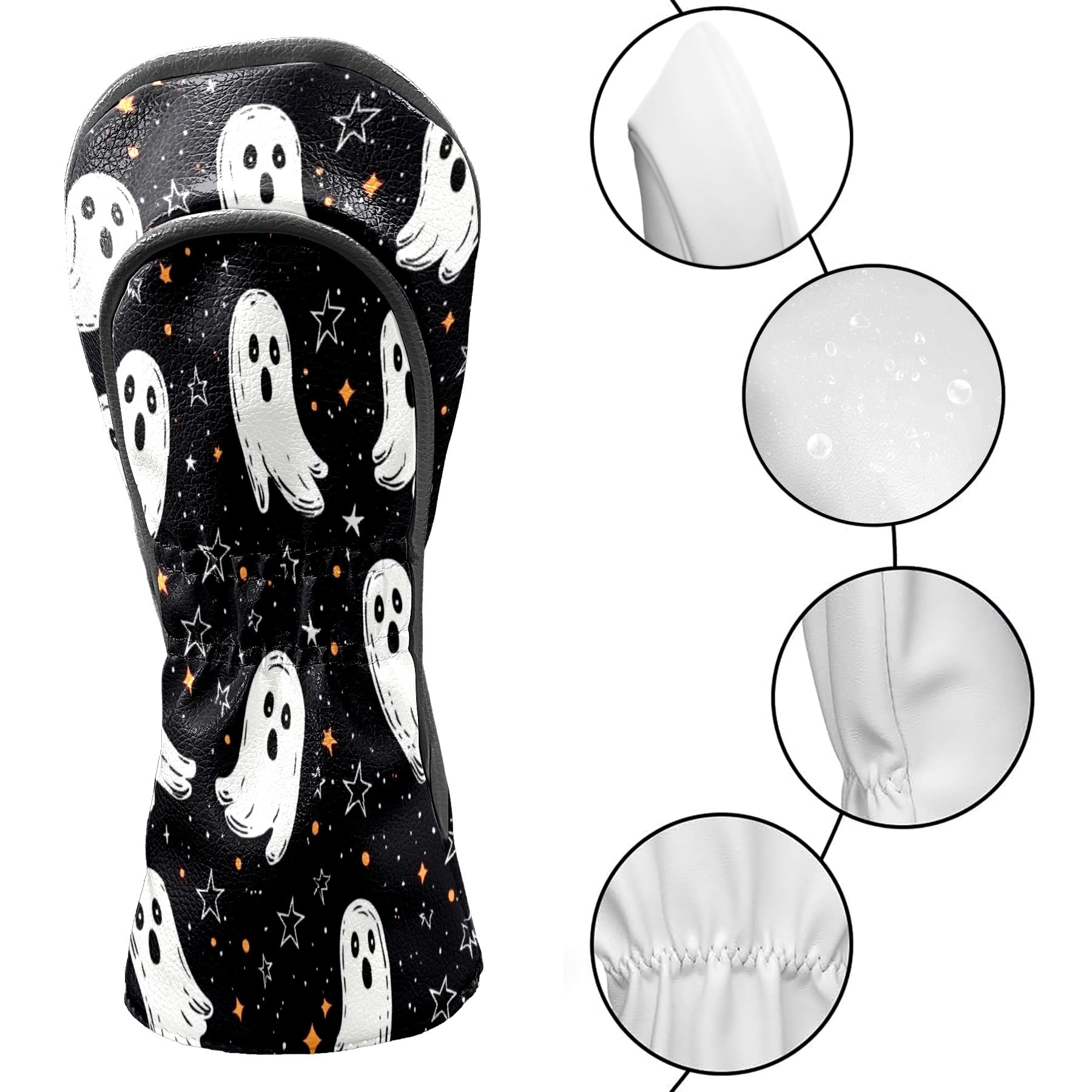 Golf Club Covers, Black WhiteGhost Premium PU Leather Driver Hybrid Putter Head Covers with Velvet Lining, Waterproof Golf Gifts for Men Women
