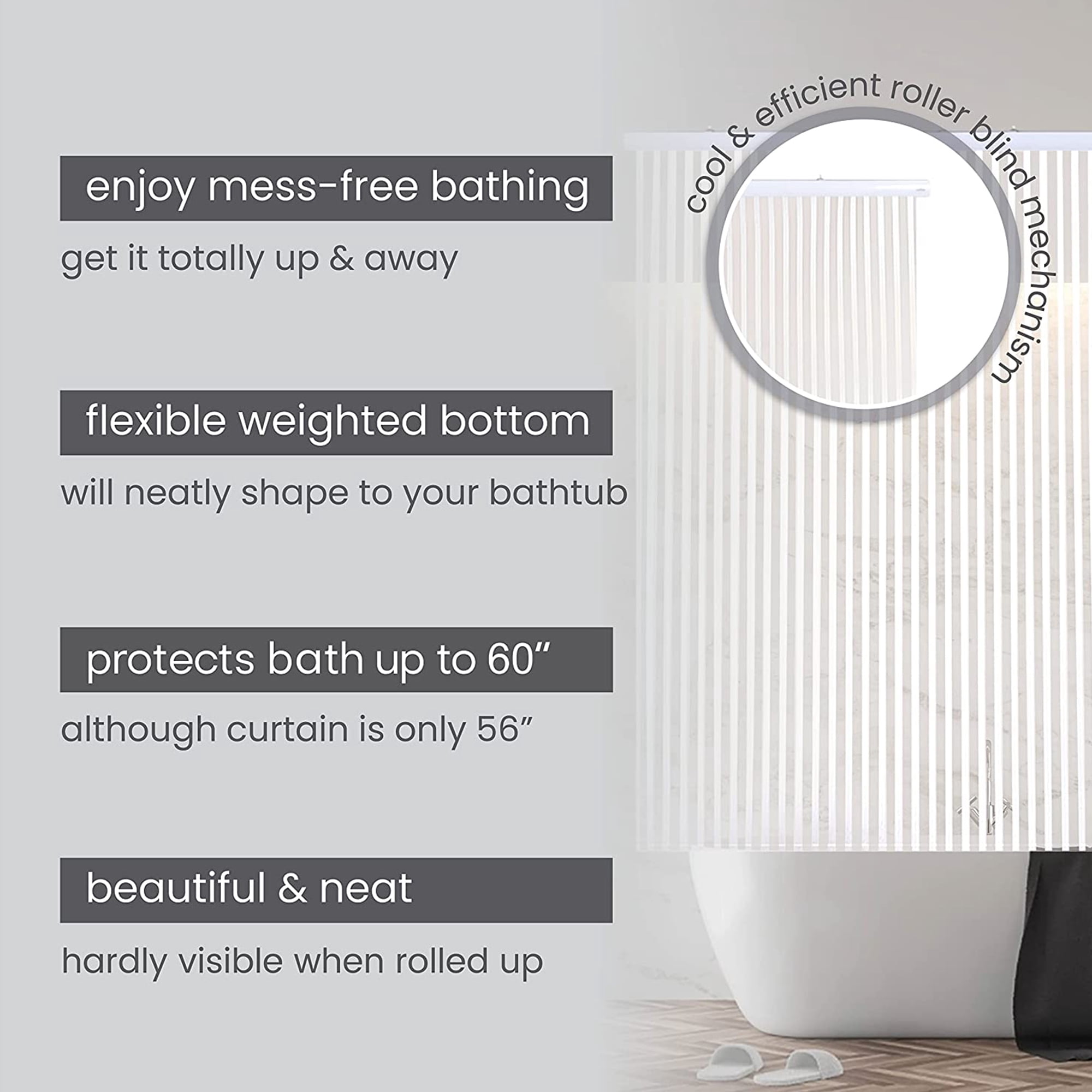 Jakooz Waterproof Rollup Bathroom Curtain Heavy Duty Shower Curtain for Bathtubs, White Stripe