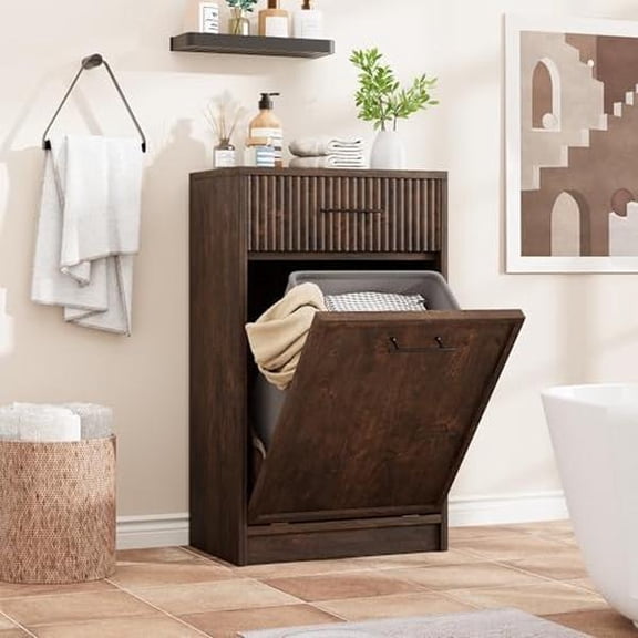 Fluted 10 Gallon Tilt Out Trash Cabinet, Freestanding Dog Proof Wooden Garbage Bin for Kitchen, Dining & Living Room