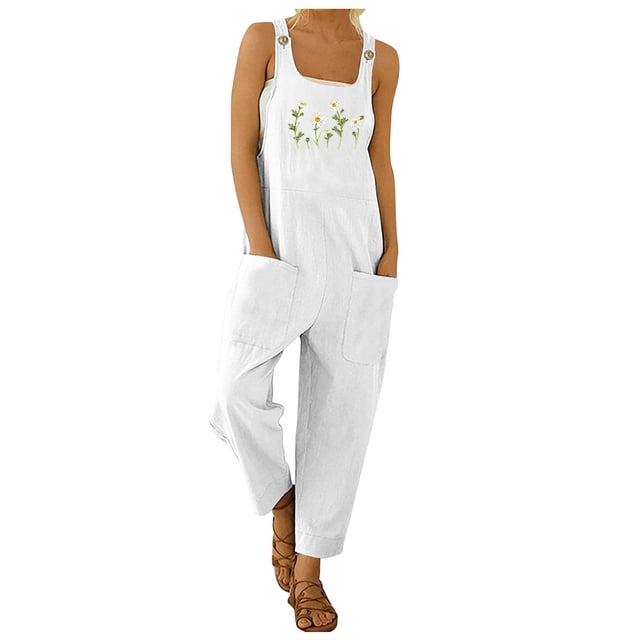 TrendOFT Combinaison d'Été pour Femmes, Coupe Ample Décontractée, Imprimé Mode, Bretelles, Boutonnée, une Pièce, Blanc TG