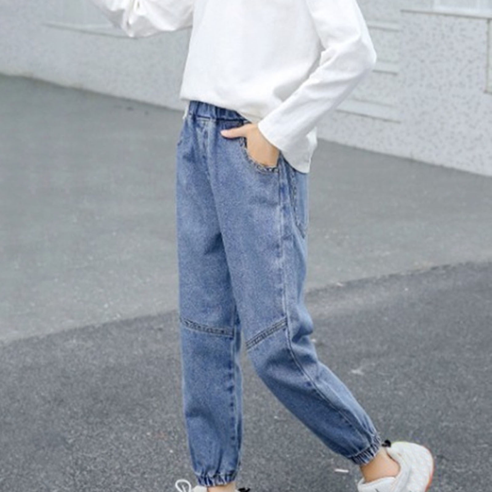 FAIWAD Kids Girls Plus Size Jogger Jeans Elastic High Waisted Tapered Denim Trousers Casual Loose Cropped Jeans