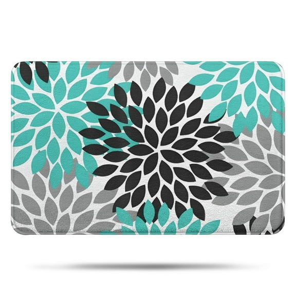 Black Turquoise and Gray Floral Pattern Bathroom Rugs Mat,Non Slip Microfiber Bathroom Rug,Rubber Backing,Soft Bathroom Mats for Bathroom Floor,Tub and Shower,17x27in(43x68cm)