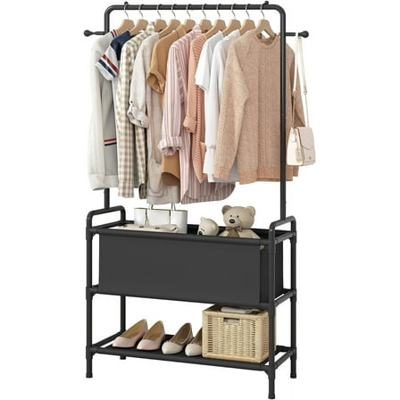 Clothing Rack with Storage Bag, 3-in-1 Garment Rack, Non-woven Shelves for Shoes, Clothes Rack for Bedroom, Hallway, Entryway, Black
