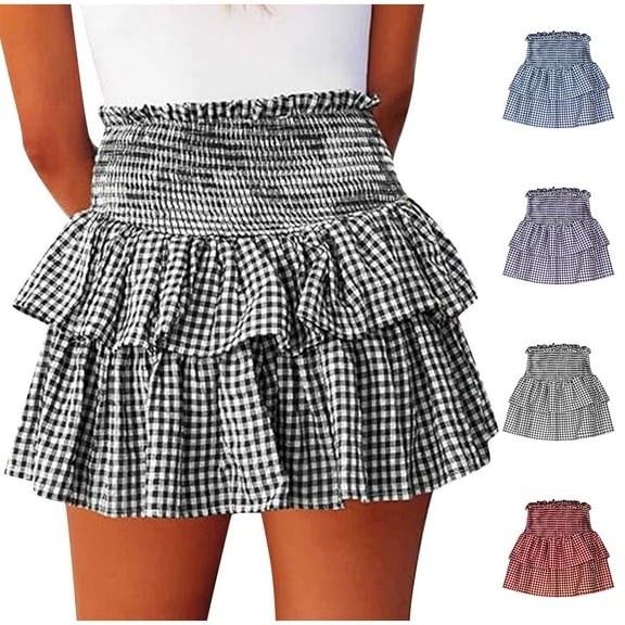 DJskiyers Women Ruffle Mini Skirt Plaid A Line Skirts Summer Casual Skort Tired Swing Skirt Smocked Elastic Waist Skirt