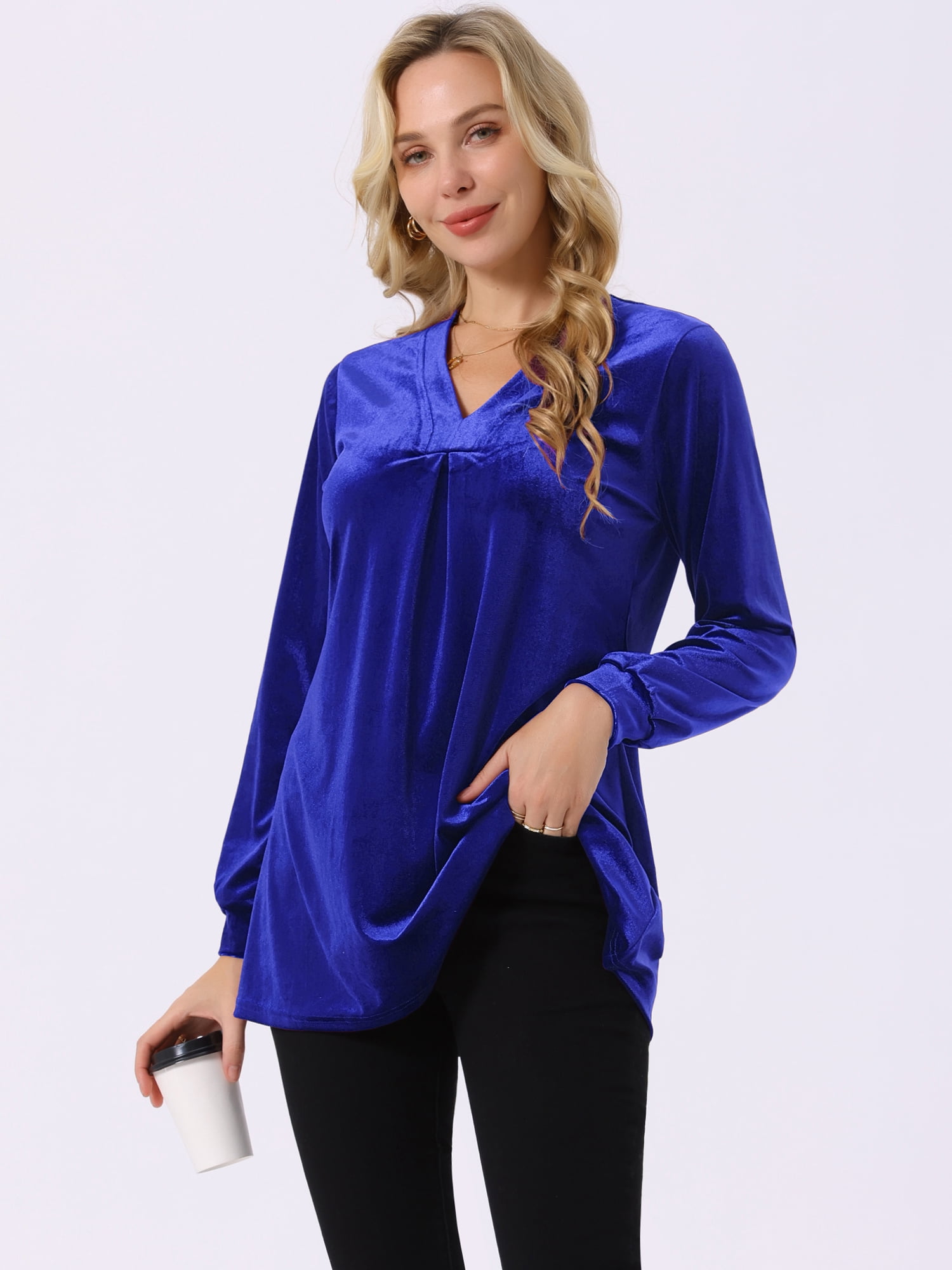 DARING DIVA Women's Velvet Top V Neck Long Sleeves Loose Blouse XL Royal Blue