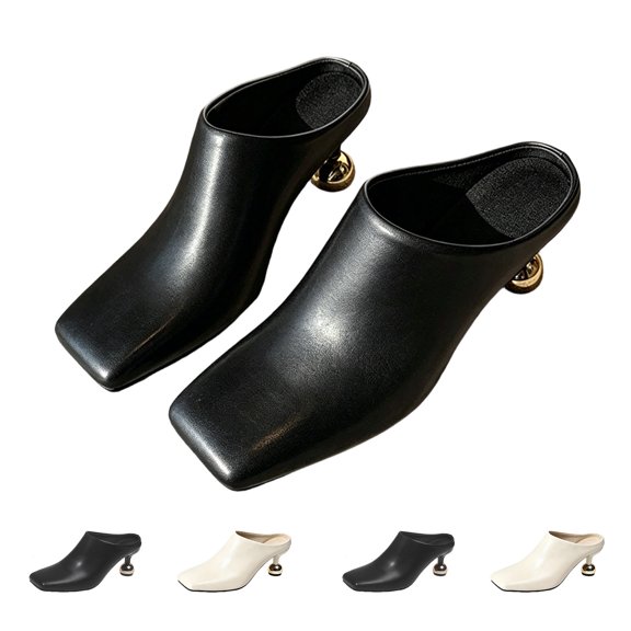 Women’s Leather Square Toe Mule Heels, Gold Metal Heel Slip On Backless Dress Slides Soft Anti-Slip Walking Mules White 9(42)