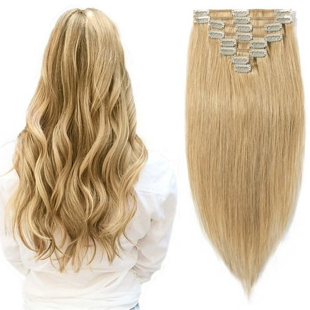 S-noilite Remy Clip in Full Head Straight 100% Human Hair Extensions 8 pcs Dark (Best Hair Extensions For Black Hair)