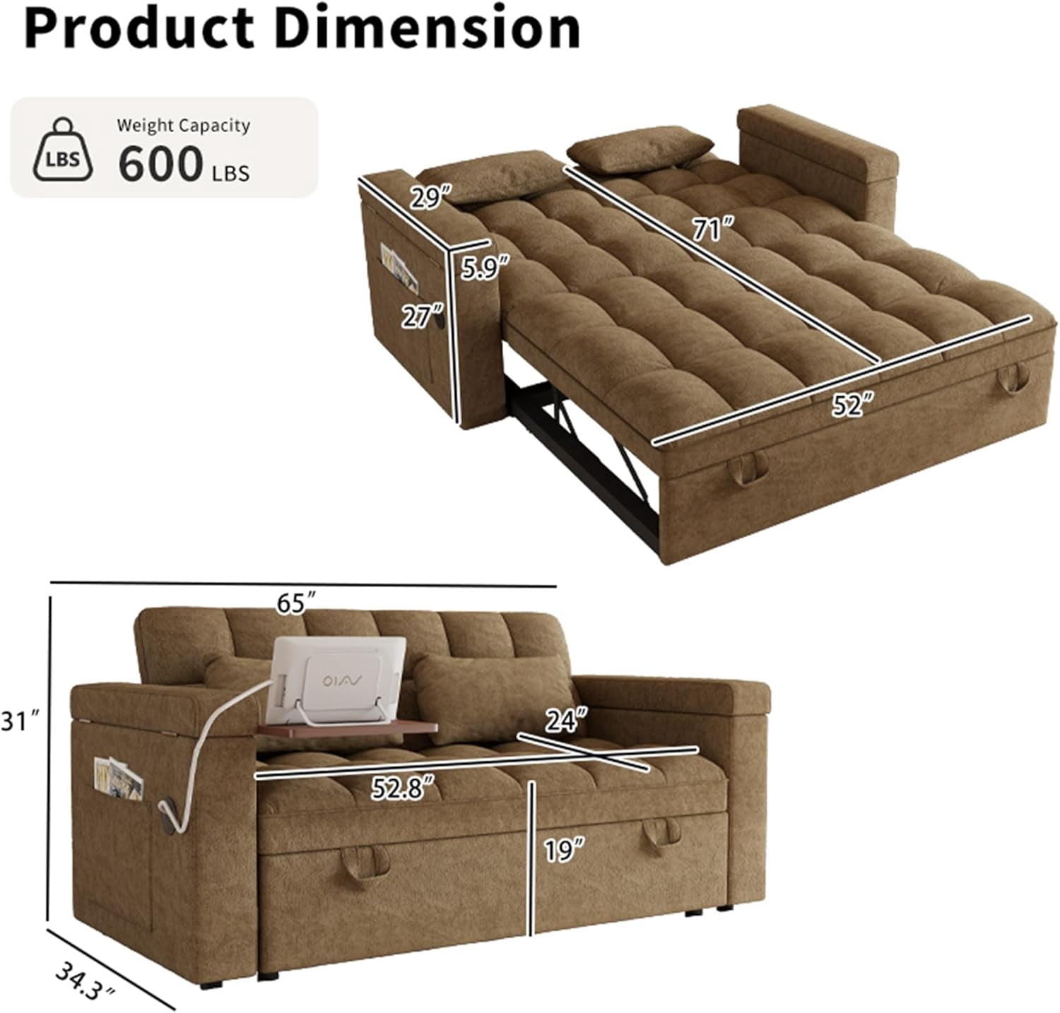 3 in 1 Convertible Sleeper Sofa,Sleeper Couch with Pull Out Bed, Storage Armrests and Laptop Table for Living Room,Sleeper Sofa, Pullout Couch Bed