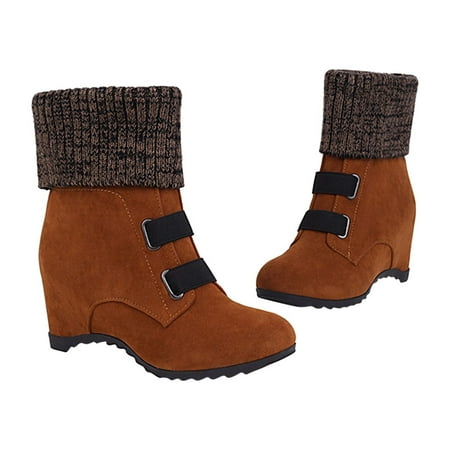 Lovskoo 2024 Women s Large Mid Calf Snow Boots Invisible Height Increasing Elevator Shoes Fall Winter Wedge Heel Wide Wool Tube Boots Brown