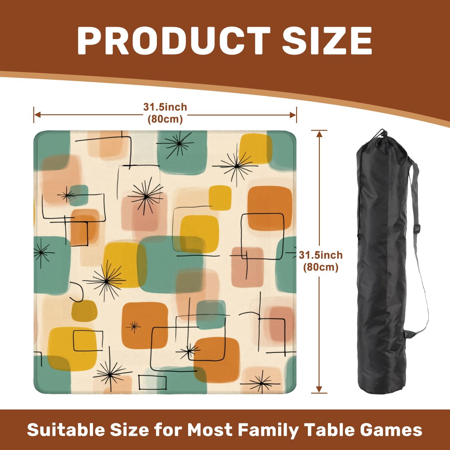 Mahjong Mat 31.5" x 31.5" Retro Geometric Abstract Squares Vibrant Colors Non-Slip Noise Reduction American Mahjong Tiles Table Cover for Dominoes Poker Card Board Games Gift