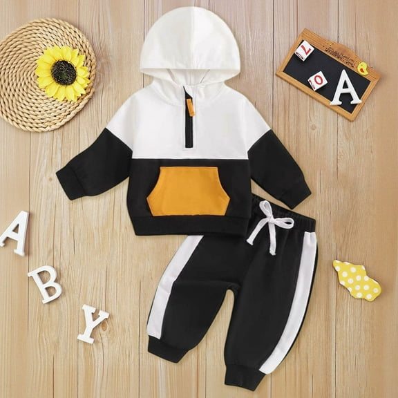 Tfken Toddler Children Girls Outfits Sets Size 6-12 Months Patchwork Long Sleeve Hooded Sweatshirt & Sweatpants 2025 Comfortable Black Outfit Set